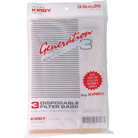 Package of 3 Kirby Generation 3 disposable filter bags for vacuum cleaners, compatible with Style II and Heritage II models.