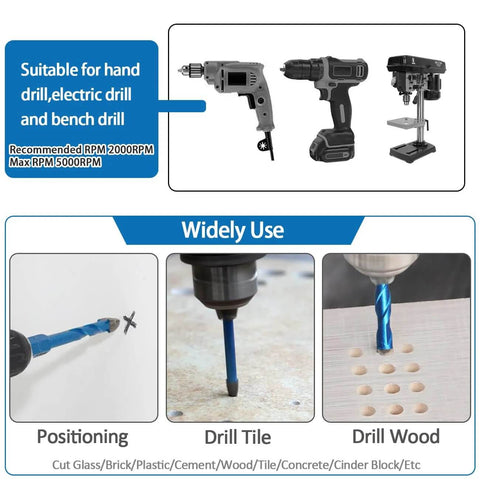 Masonry diamond drill bit set, 10 pcs BeQell, blue 1/4–1/2 in shank; front collage shows hand, cordless, and bench drills