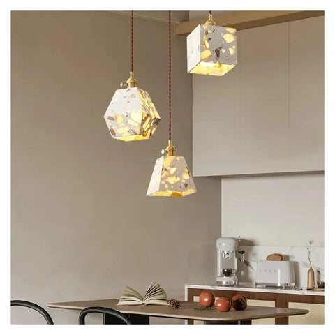 Industrial Marble Pendant Light Fixture Chandeliers hanging above a dining table in a modern kitchen setting.