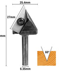 60 Degree V Groove Router Bit With One Quarter Inch Shank And One Inch Cutting Diameter, showing dimensions and cutting angle.