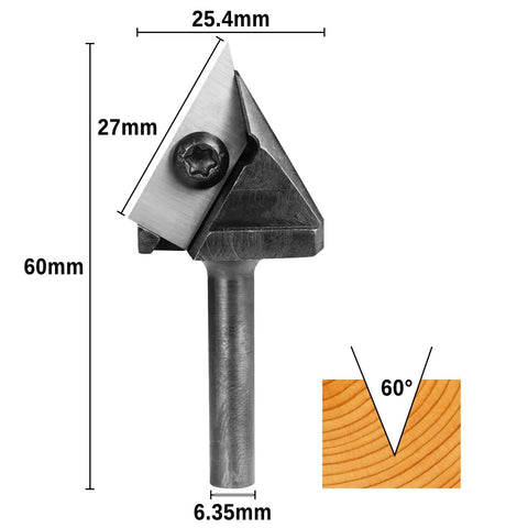 60 Degree V Groove Router Bit With One Quarter Inch Shank And One Inch Cutting Diameter, showing dimensions and cutting angle.