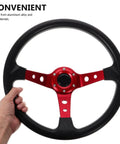 Hand holding Deep Dish 14 Inch PU Racing Steering Wheel For Cars Golf Carts Trucks And Simulators With Red Horn Button
