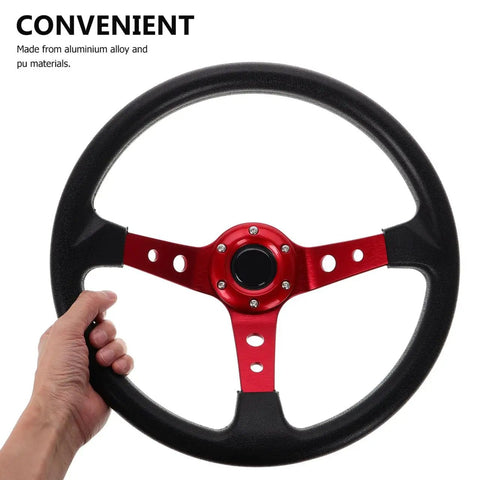 Hand holding Deep Dish 14 Inch PU Racing Steering Wheel For Cars Golf Carts Trucks And Simulators With Red Horn Button