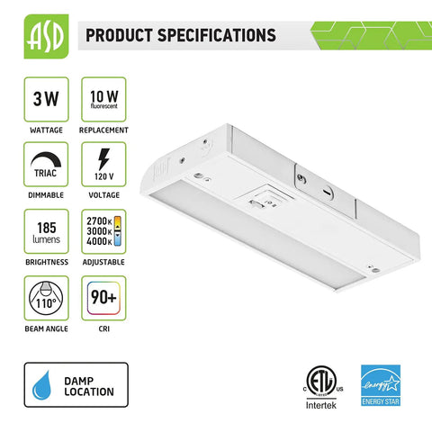Lit 9 Inch Under Cabinet LED Lights With Dimmable Brightness Plug In Or Hardwired Install showing specifications and certifications.