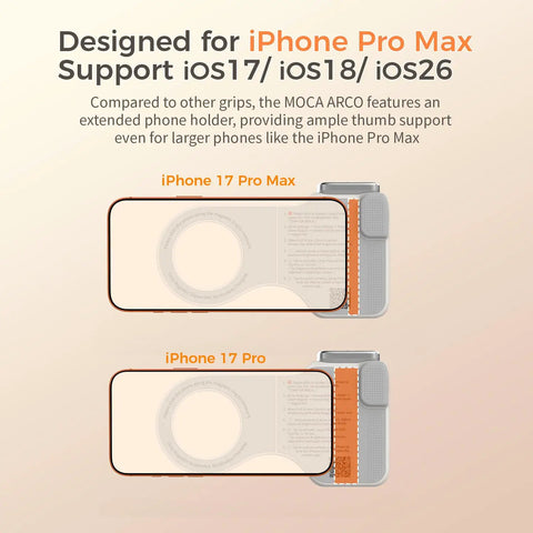 Phone Camera Grip For iPhone Pro Max With Thumb Rest Enhanced Mount And Detachable Remote For Easy Video Shooting Video Calls And Stable Shots On iOS 17 18 26 shown with phone sizes