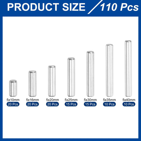 All Purpose Dowel Pin Set Kit, 110 Pieces, 7 Sizes In 304 Stainless Steel, Durable Rust Resistant Pins For Shelves, Cabinets, And DIY Friendly Fastening Projects, Assortment Pack In Silver. 5x10-5x40mm