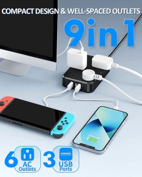 Weatherproof Outdoor Power Strip With Six Wide Outlets And Three USB Ports Including USB-C 10 Ft Extension Cord 1875W Surge Protector 9-In-1 Power Hub For Christmas Lights ETL Listed Overload Protection Black in use connected to various devices on a glossy surface.