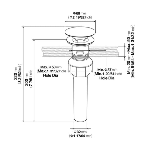 Technical drawing of Pop Up Bathroom Sink Drain Stopper With Overflow For Vessel Sinks, detailing measurements and assembly parts.