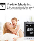 Programmable Thermostat For Electric Floor Heating With Alarm And Built In GFCI, Large Backlit LCD Display, 120 240 Volt AC shown