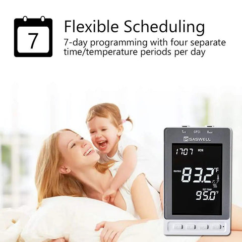 Programmable Thermostat For Electric Floor Heating With Alarm And Built In GFCI, Large Backlit LCD Display, 120 240 Volt AC shown