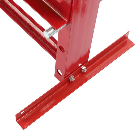 Close-up of red metal base for Heavy Duty Hydraulic Benchtop Shop Press With Three Gear Adjustable Height Pressure Gauge Hydraulic Pump H Frame Design