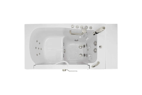 30X52 Transfer Walk In Bathtub With Microbubble Hydrotherapy Fast Fill Faucet And Right Dual Drain For Effortless Wheelchair Access Low Maintenance Setup Big Time Soaking Comfort Real Deal Ease Smooth Acrylic Finish, top view with jets and grab bar.