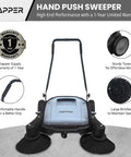 Top Shelf Manual Push Floor Sweeper With Thirty Six Inch Brush And Ten Point Five Gallon Dustpan Powers Through Driveways Garages And Pavement Without The Sweat Or Headache In Grey with sturdy wheels and a comfortable handle.