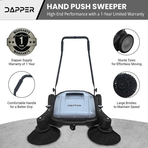 Top Shelf Manual Push Floor Sweeper With Thirty Six Inch Brush And Ten Point Five Gallon Dustpan Powers Through Driveways Garages And Pavement Without The Sweat Or Headache In Grey with sturdy wheels and a comfortable handle.