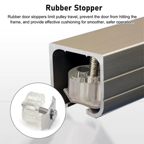 Heavy Duty Waterproof Aluminum Sliding Door Hardware Kit With No Drama Setup And Smooth Glide Nylon Rollers For Cabinets And Modern Barn Doors Adjustable Cut To Size rubber stopper detail with clear mounting mechanism