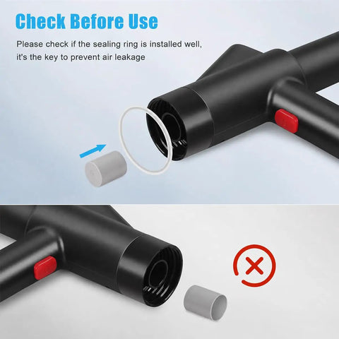 Heavy Duty Air Drain Blaster With Real Time Barometer And Storage Bag, showing connection points and sealing ring check before use.