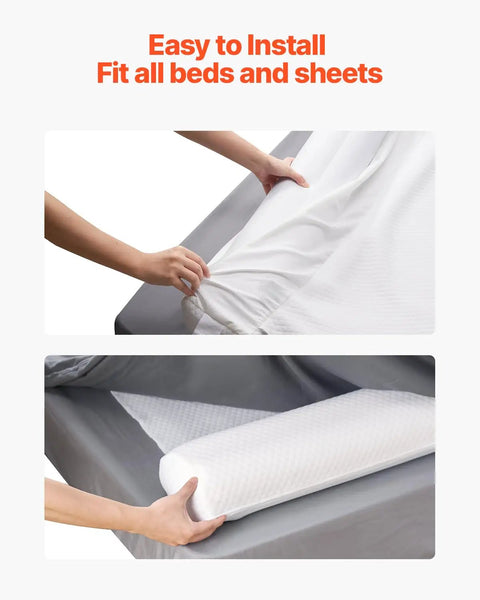 52 Inch Inflatable Toddler Bed Bumper Rail Guard With Safety Flap 2 Pack Non Slip Bed Bumpers being installed under a sheet