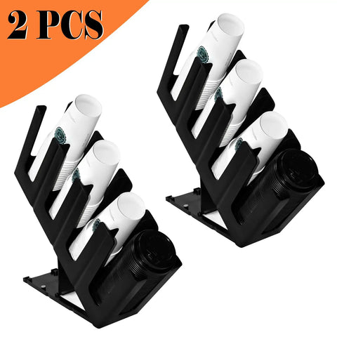Two Pack Paper Cup And Lid Holder 4 Compartment Disposable Cup Dispenser Space Saving Countertop Organizer with cups placed.