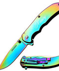 Personalized Pocket Knife With Rainbow Titanium Coated Stainless Steel Blade, 2.75 Inch EDC Knife For Camping, Hiking, Outdoor Adventures