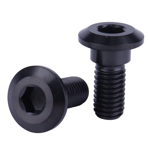 Two black titanium bolts from Six Pack M8 X 20mm Titanium Rear Brake Rotor Bolts Kit For Yamaha Motorcycles, showing precise threads and hex head.