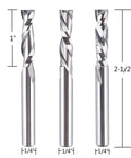 Three solid carbide spiral end mills from Five Piece CNC Router Bit Set For Serious Woodworking Enthusiasts With One Quarter Inch Shank