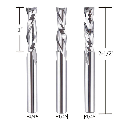 Three solid carbide spiral end mills from Five Piece CNC Router Bit Set For Serious Woodworking Enthusiasts With One Quarter Inch Shank
