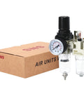 Dual FRL Air Filter Regulator Lubricator Combo Shop Ready One Quarter Inch NPT With Pressure Gauge Semi Auto Drain Bracket Polycarbonate Bowl