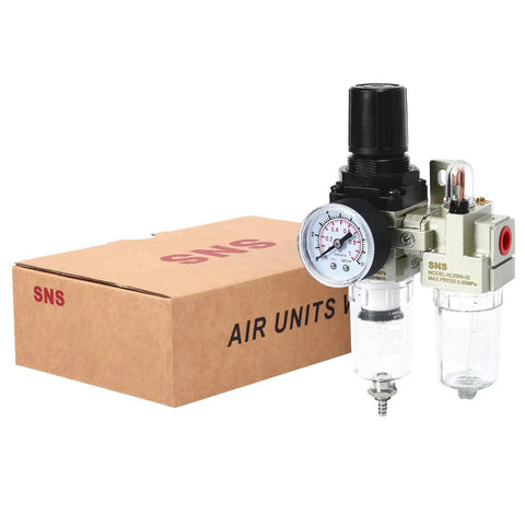 Dual FRL Air Filter Regulator Lubricator Combo Shop Ready One Quarter Inch NPT With Pressure Gauge Semi Auto Drain Bracket Polycarbonate Bowl