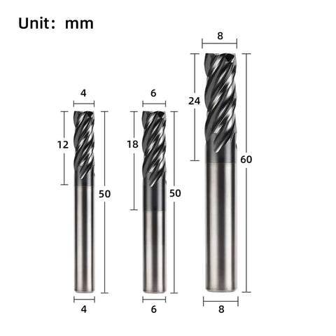 Set Of 3 Carbide Square End Mills 4mm 6mm 8mm 4 Flutes For Stainless Steel With Unequal Division Variable Helix And U Shaped Groove