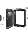 Badass Cold-Rolled Steel EV Charger Enclosure Wall Mount Box with combination lock and spare key shown open for installation.