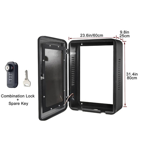 Built Different Heavy Duty EV Charger Enclosure with combination lock, dimensions 23.6in x 9.8in x 31.4in, weatherproof steel box.
