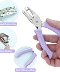 One Hole Puncher For Paper Crafts With Purple Soft Grip Handle Three Pack Handheld Circle Punch shown in use with metal body.
