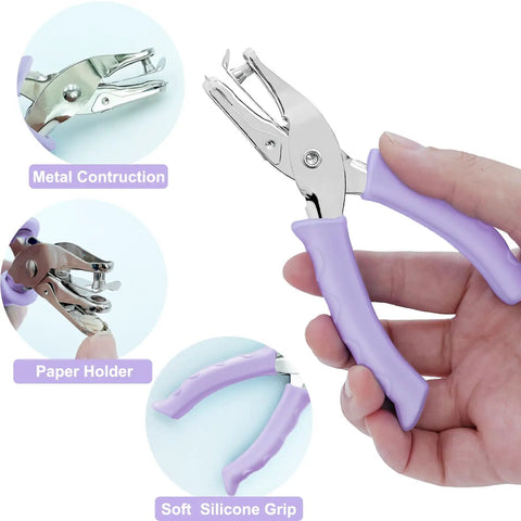 One Hole Puncher For Paper Crafts With Purple Soft Grip Handle Three Pack Handheld Circle Punch shown in use with metal body.