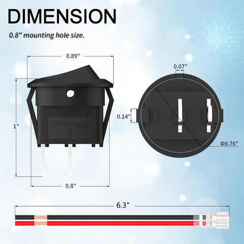 Dimensions of 12V Round Rocker Switch On Off SPST Prewired 2 Pin DC Power Toggle for Car Stereo Marine with 0.8" mount