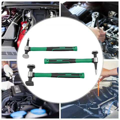 Three Piece Auto Body Hammer Set For Dent Repair And Sheet Metal Shaping Including Flat Face Pointed Pick And Square Face Hammers