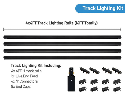 Super Sleek 16 Foot H Track Lighting Rail Kit In Glossy Black Finish With Easy Connectors For Modern Homes And Shops Offering Flexible Setup And Bright Vibes Perfect For Renovating Any Room Or Storefront Space Today. 4x4FT rails and connectors