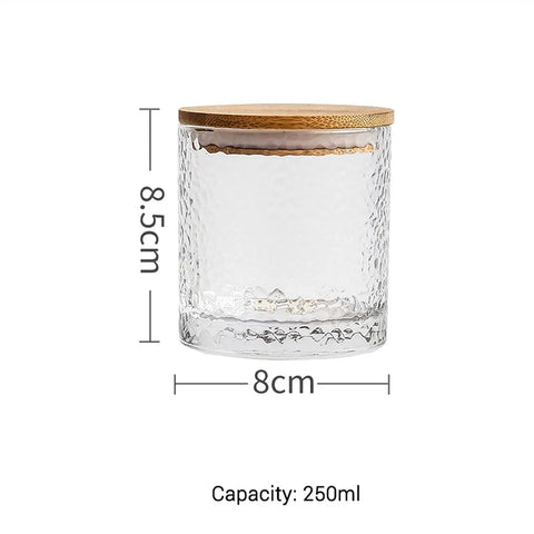 Top Shelf Pantry Game Changer Clear Glass Storage Jar securely sealed for coffee beans, 250ml, 8.5cm tall, 8cm wide.
