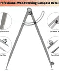 Tough As Nails All Metal Drafting Compass With Adjustable Wing Divider And Secure Pencil Holder details including sturdy structure, metal tips.