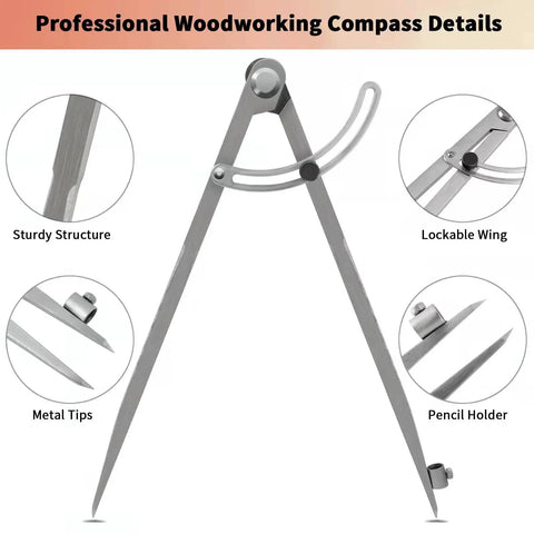 Tough As Nails All Metal Drafting Compass With Adjustable Wing Divider And Secure Pencil Holder details including sturdy structure, metal tips.