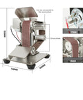 Compact Mini Electric Belt Sander Perfect For Desktop DIY Projects with measurements, drive wheels, and sanding belt visible.