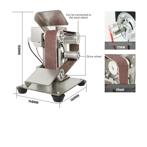 Compact Mini Electric Belt Sander Perfect For Desktop DIY Projects with measurements, drive wheels, and sanding belt visible.