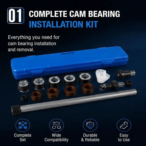 Beefed-Up Engine Cam Bearing Installation And Removal Tool Kit With 1-1/8 To 2-2/3 Inch Adapter, tools and blue case