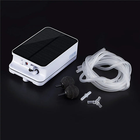 Solar Powered Pond Aerator Pump Kit With Dual Charging Options Oxygenator displayed with tubing and diffusers