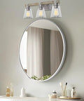 23 Inch 3 Light Farmhouse Vanity Light With Clear Tapered Glass Shades Hand Painted Wood Grain Metal In Bleached Oak Bathroom Wall Lamp