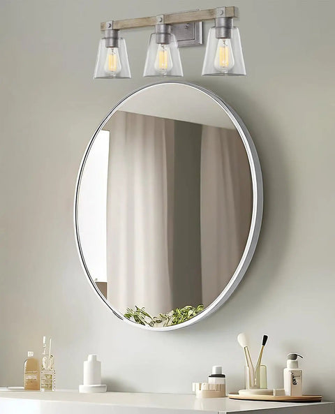 23 Inch 3 Light Farmhouse Vanity Light With Clear Tapered Glass Shades Hand Painted Wood Grain Metal In Bleached Oak Bathroom Wall Lamp