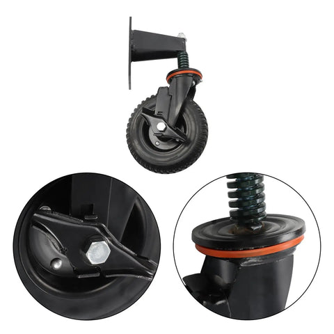 Heavy Duty Gate Caster Wheels With Adjustable Side Brake Built Tough Rolling Gate Hardware Smooth Riding 8 Inch Heavy Lifter Swivel Rollers For Tilt Resistant Fences Pack Of Two mounted on a sturdy frame.