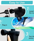 Steps to operate Portable Electric Air Pump For Inflatables, Quick Fill Air Pump With 3 Nozzles, showing installation and use.