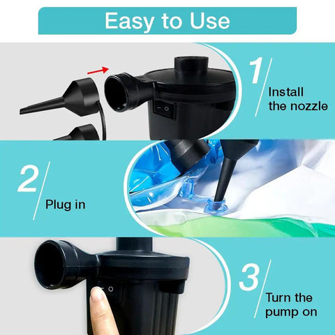 Steps to operate Portable Electric Air Pump For Inflatables, Quick Fill Air Pump With 3 Nozzles, showing installation and use.