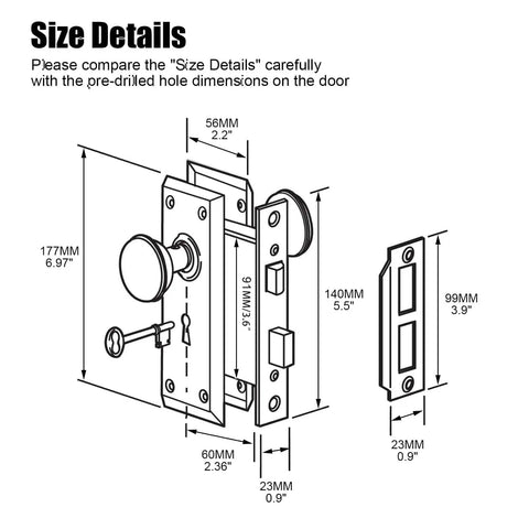 Size diagram of Crystal Glass Mortise Lock Set With Antique Brass Finish Interior Door Knobs And Skeleton Key For Old School Style Doors