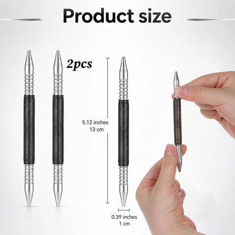 Pro Quality Two Piece Nail Setter Kit Featuring Dual End Spring Loaded Center Punch Tools tough as nails construction size comparison in hand